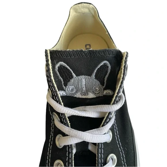 Converse Sneakers Women’s 9 Men’s 7 Black Custom French Bulldog Embroidery - Picture 3 of 14